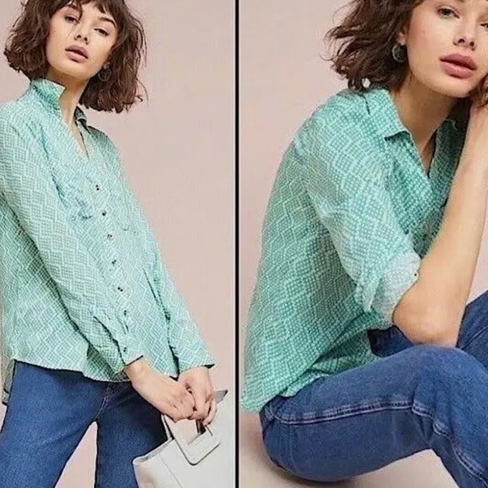 Maeve by Anthropologie green and white geometrical button down